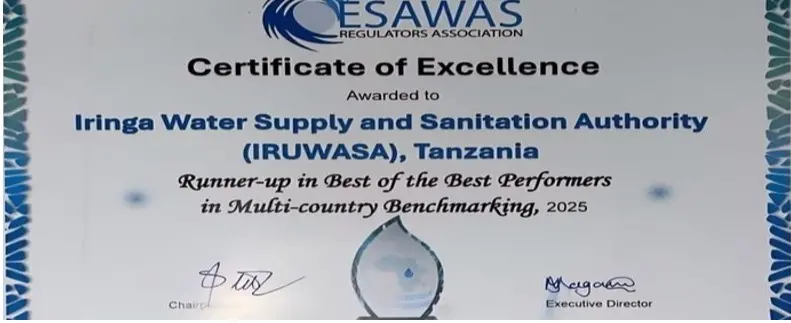 IRUWASA iImeshika nafasi ya pili kati ya Mamlaka za MajiSafi na Usafi wa Mazingira zinazofanya vizuri zaidi katika nchi za Afrika Mashariki na Kati na  Kusini mwa Afrika